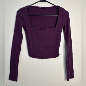 Zara Purple Ribbed Square Neck Long Sleeve Crop Top Size Small